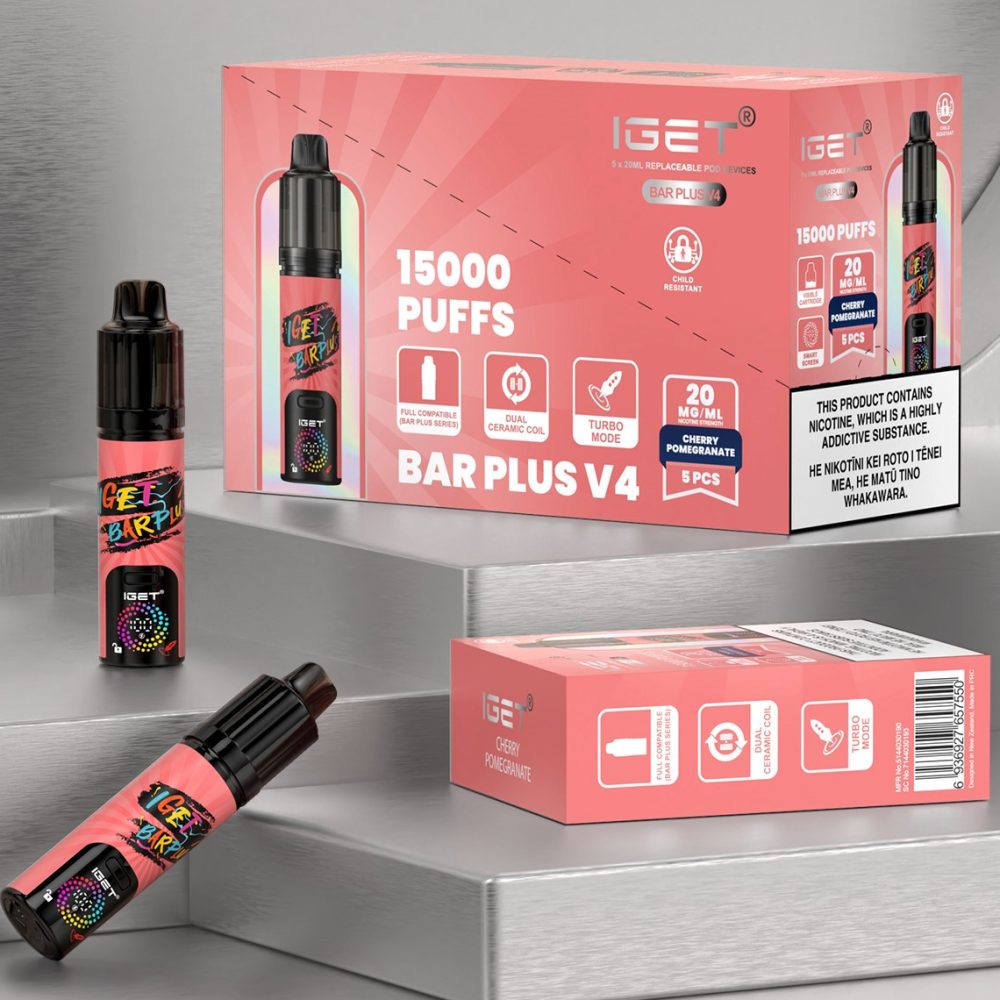 IGET BAR PLUS V4 Blackberry Grape 15000 puffs rechargeable disposable vape with 1100mAh battery and 0.6Ω dual ceramic coil