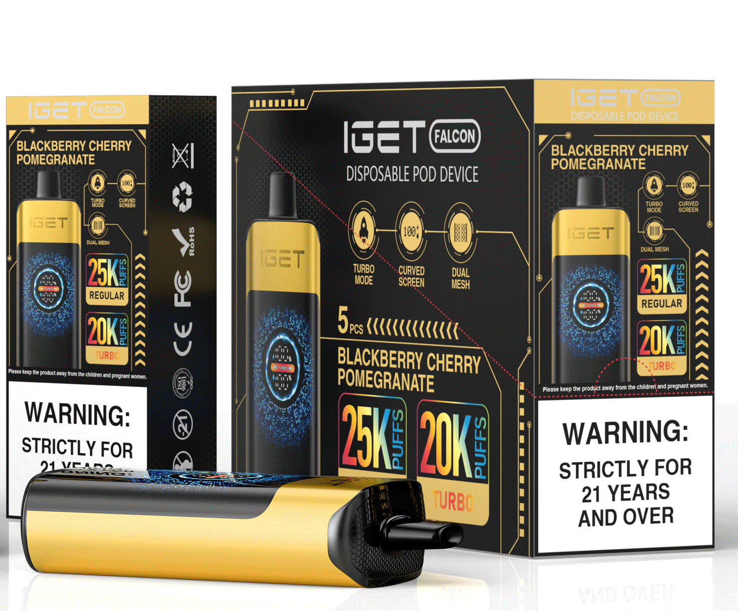 IGET FALCON 25000 rechargeable disposable vape 5 PCS with 2700mAh battery, 0.6Ω dual mesh coil and up to 25000 puffs